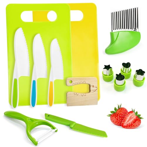 Chanking 13 Pieces Kids Safe Knife Set for Real Cooking Child-Friendly Plastic Chef Tools Montessori Kitchen Toys for Toddlers Birthday Gifts for Boys and Girls Ages 4+ (A)