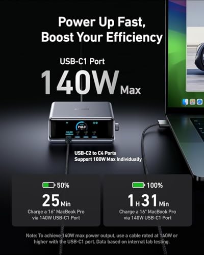 Anker  Charging Station, 250W 6-Port GaN USB C Charger, 2.26" LCD Smart Display Control, Compatible with iPhone, Galaxy, MacBook, Dell for Home Office, Gaming Desk Accessories