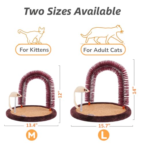Happi N Pets Large Cat Self Groomer, Arch Grooming Brush with Heavy Wooden Scratching Pad, Rubbing Post & Toy, Cat Face Scratchers Body Massager, Cat Scratchers for Indoor Cats, Brown