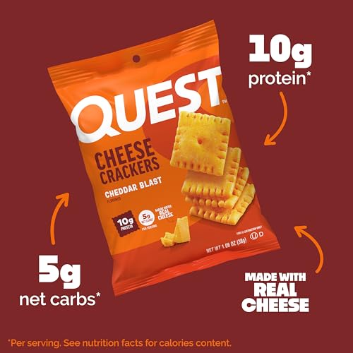 Quest Nutrition Cheese Crackers, Cheddar Blast, 10g Protein, 5g Net Carbs, 1g Sugar, Made with Real Cheese, High Protein Snack, 12 Packs (1.06 oz Bags)