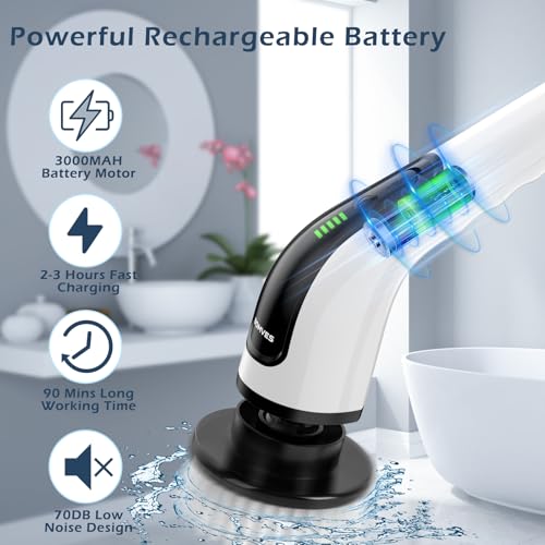 Bomves Electric Spin Scrubber, Cordless Cleaning Brush Scrubber for Home, 8 Replaceable Brush Heads-90Mins Work Time, 3 Adjustable Size, 2 Speeds for Bathroom Shower Bathtub Glass Car