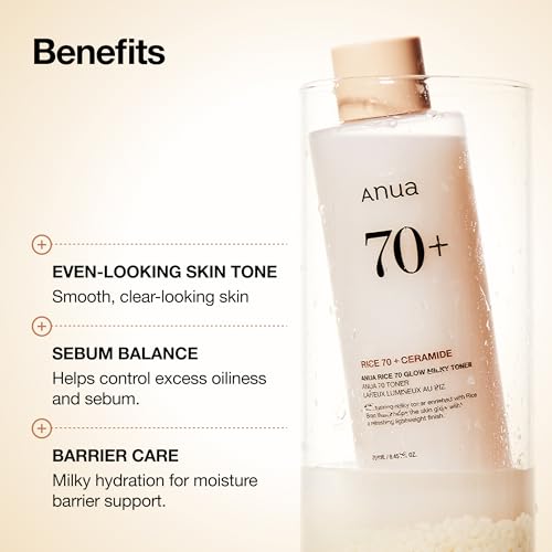 Anua Rice 70 Glow Milky Toner, Glass & Dewy Skin, Hydrating & Barrier Care, Rice Water, Niacinamide, Ceramides, All Skin Types, Fragrance-Free, Non Comedogenic, Korean Skincare, 8.45 fl.oz.