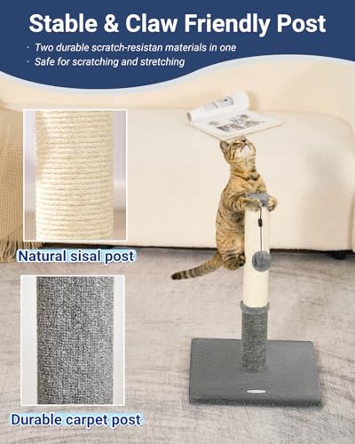 Happi N Pets Cat Scratching Post, Cat Scratcher for Indoor Cats, Sisal Scratching Post & Carpet Post in One, Stable Kitten Scratching Post with Replaceable Toy, Extra Free Toy, Light Gray