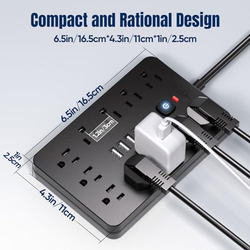 JouleLoom 6 FT Flat Plug Surge Protector Power Strip,11 Multiple AC Outlets with 6 USB Ports (2 USB C), 6 Feet Extension Cord, 1250W/10A, One Touch Switch Button, 17 in 1 Compact powerstrip