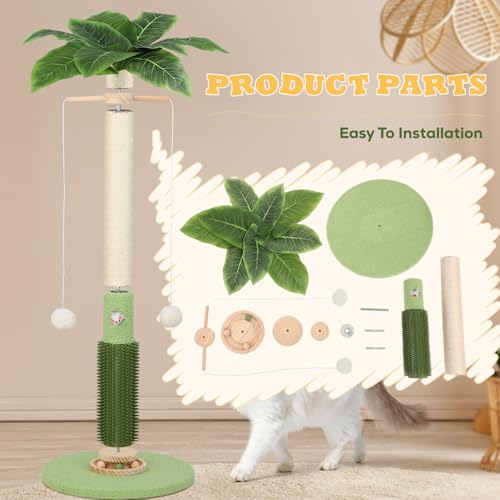Cat Scratching Post,37.5'' Tall Palm Tree Natural Sisal Scratching Post for Indoor,Stable Vertical Cat Scratcher with Mouse Hole Toy,Rotating Interactive Ball Self Groomer for Full Body Stretching