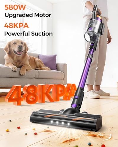 Cordless Vacuum Cleaner for Home, 580W/48KPa Powerful Suction, 65 Min Runtime, Lightweight Stick Vacuum with Touch Screen & Wall Mount, Handheld Vacuum for Pet Hair, Carpet & Hard Floors