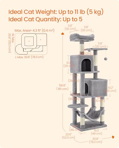 Feandrea Cat Tree, 59.5-Inch Tall Cat Tower, Plush Multi-Level Condo with 5 Scratching Posts, 2 Perches, 2 Caves, Hammock, 2 Pompoms, Light Gray UPCT192W01