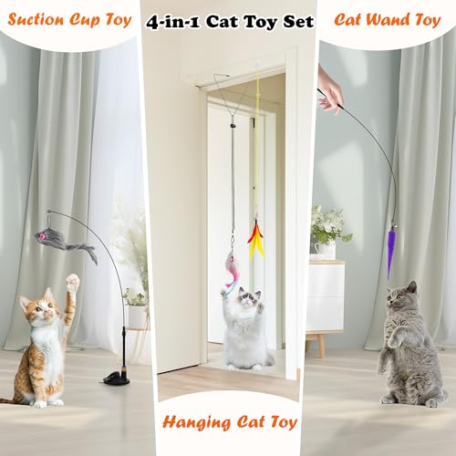 Soarer 4-in-1 Interactive Cat Feather Toys,12Pcs Durable Fishing Pole Cats Feathers Toy Replacements,Enhanced Suction Cup Cats Wand Toy,2 Types Door Hanging Cat String Toys for Indoor Kitten