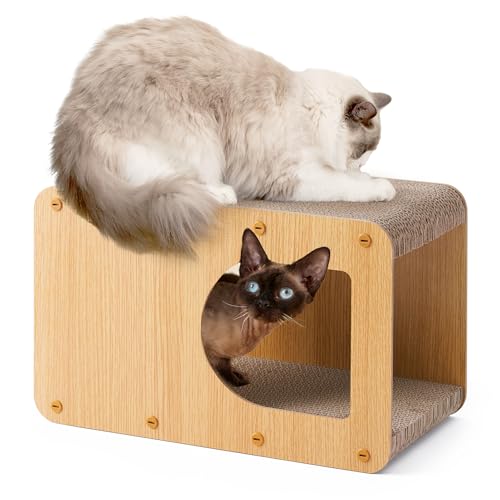 EHEYCIGA Cardboard Cat Scratcher House, 17-Inch Corrugated Cat Scratcher for Indoor Cats, Kitten Scratching Board Pad, Brown