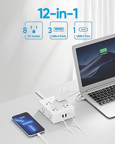 Surge Protector Power Strip 10 ft Cord, Olcorife Ultra Thin Flat Plug Extension Cord, 8 Outlets 4 USB Ports(1 USB C), Flat Plug Outlet Extender, College Dorm Room Essentials, White