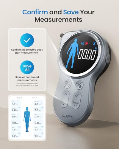 RENPHO Smart Tape Measure with Large Display, Bluetooth Body Measuring Tape with App for Weight Loss, Fitness Shape, Measure Circumference Length