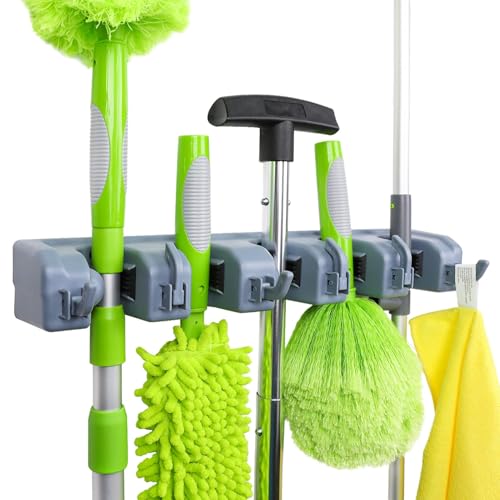 Basics Rectangular Heavy Duty Wall Mount Broom and Mop Holder, Sturdy Tool Organizer with Hooks and Slots for Garage, Garden, Laundry, Kitchen Organization, 2.36 x 16.9 x 3.35 in, Gray
