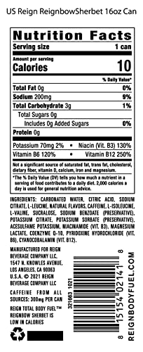 REIGN Total Body Fuel, Reignbow Sherbet, Fitness & Performance Drink, 16 Fl Oz (Pack of 12)