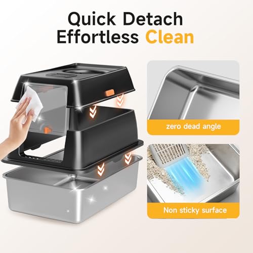 Extra Large Stainless Steel Litter Box with Lid, High Sided Enclosed Metal Cat Litter Pan, Dog Proof Front Entry Top Exit, Odor Control Easy Clean Leak Proof, Includes Scoop & Step, Black