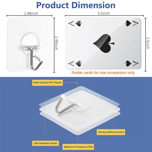 JINSHUNFA Adhesive Wall Hooks 13LB Heavy Duty No Drill Transparent Waterproof Hooks for Bathroom Kitchen Towel Coat 12 Pack