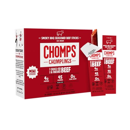 Chomps Snack Size Grass-Fed and Finished Smoky BBQ Beef Jerky Snack Sticks 0.5oz 24-Pack - Keto, Paleo, Whole30, 4g Lean Meat Protein, Gluten-Free, Zero Sugar Food, Non-GMO Chomplings