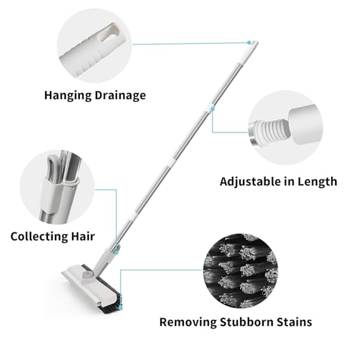 Floor Scrub Brush with Long Handle, 3 in 1 Scrape and Heavy-Duty Stiff Bristle Scrubber Brush for Cleaning Shower Bathroom, Patio, Pool, Garage, Kitchen, Wall and Deck (White, 1 Pack)