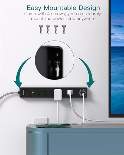 Surge Protector Power Strip - Extension Cord with Addtam 6 AC Outlets 4 USB (2 USB-C Ports), 1875W/15A, Flat Plug with Overload Surge Protection, Outlet Extender for Home Office Dorm Room Essentials
