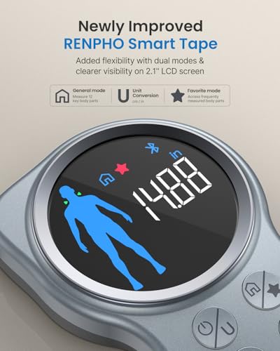 RENPHO Smart Tape Measure with Large Display, Bluetooth Body Measuring Tape with App for Weight Loss, Fitness Shape, Measure Circumference Length