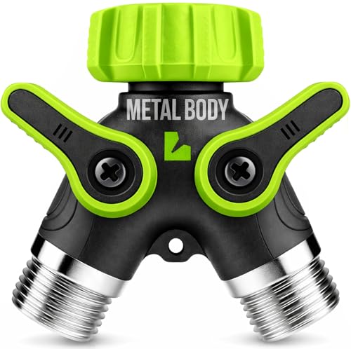 LIME 2 Way Hose Splitter Heavy Duty - Metal Y Garden Hose Splitter with Shutoff Valves, Brass Outdoor Faucet Adapter for Spigot, 3/4 Inch GHT Water Hose Connector - Green
