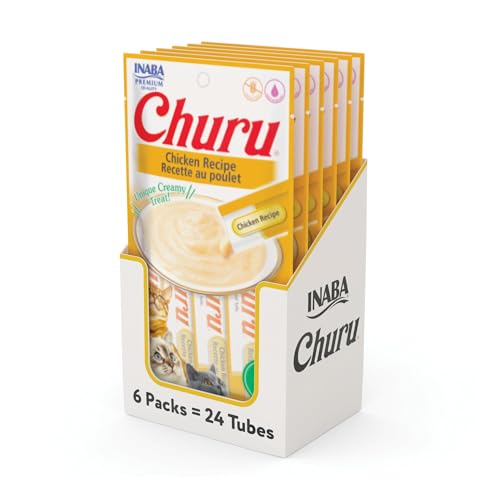 INABA Churu Cat Treats, Lickable, Squeezable Creamy Purée Cat Treat with Green Tea Extract & Taurine, 0.5 Ounces Each Tube, 24 Tubes (4 per Pack), Chicken Recipe