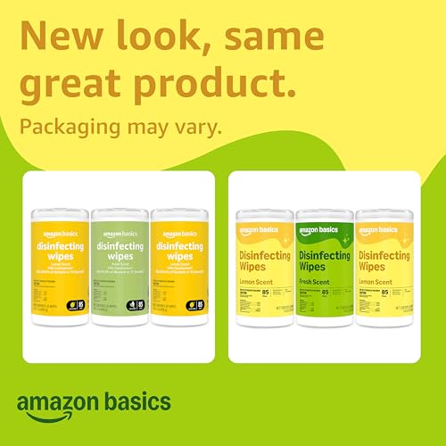 Basics Disinfecting Wipes, Lemon & Fresh Scent, Sanitizes/Cleans/Disinfects/Deodorizes, 255 Count (2 Packs Lemon, 1 Pack Fresh Scent)