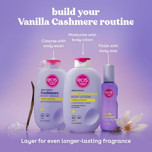 eos Cashmere Body Mist, Vanilla Cashmere, Soft Musk, Cozy Caramel, Hair Mist, Body Spray for Women Moisturizing, Hyaluronic Acid, Vanilla Body Spray, Vegan, Cruelty-free, 6 fl oz