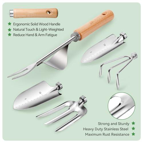 Grenebo Gardening Tools 9-Piece Heavy Duty Garden Hand Tools with Fashion and Durable Garden Tools Organizer Handbag, Rust-Proof Garden Tool Set, Ideal Gardening Gifts for Women