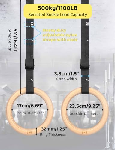GHB Gymnastic Rings Wooden Gym Rings 1.25" Olympic Rings Adjustable Straps Pull Up Rings Sets for Workout Bodyweight Fitness Training