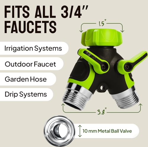 LIME 2 Way Hose Splitter Heavy Duty - Metal Y Garden Hose Splitter with Shutoff Valves, Brass Outdoor Faucet Adapter for Spigot, 3/4 Inch GHT Water Hose Connector - Green