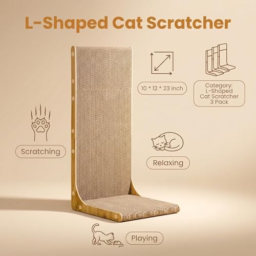 SMARTBEAN 3-Pack Cardboard Cat Scratcher for Indoor Cats, 23 Inch L Shaped Vertical Cat Scratching Post, Cat Scratching Board for Wall and Couch, Large