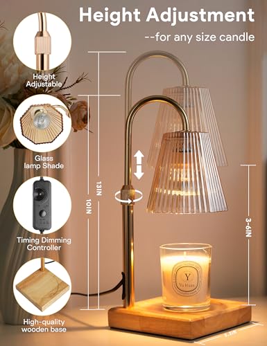 Candle Warmer Lamp with Timer, Dimmable Candle Warmer for Home Decor, Birthday Gifts for Women Mom, Adjustable Height Wax Melt Warmer with 2 Bulbs
