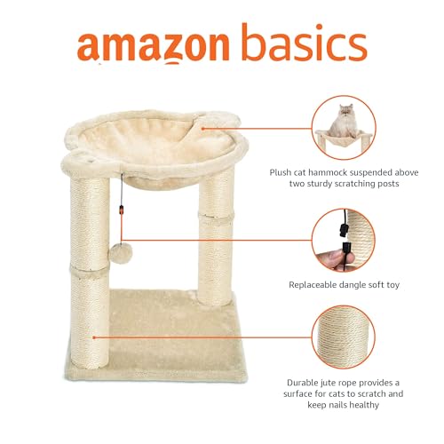 Basics Cat Tower with Hammock Bed and Scratching Post for Indoor Cats, Easy to Assemble, Interactive Hanging Ball, 15.8" x 15.8" x 19.7", Beige