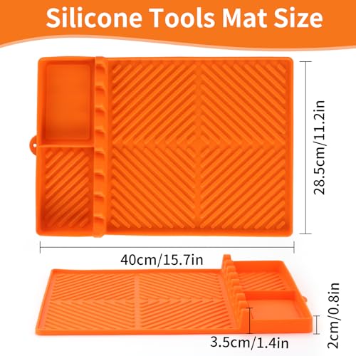 Silicone Tools Mat for Griddle Kitchen Cooking Baking Countertop-Side Shelf Spatula Mat with Drip Pad for Blackstone Weber Traeger Pit Boss Flat Top Grill Smoker- BBQ Accessories Gifts for Men(Orange)