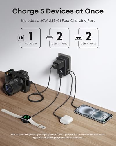 Anker Nano Travel Adapter, 5-Port Power Adapter with 1× 2-Pin AC, 2 USB A, 2 USB C for 20W, Smart Temperature Control, Works in 200+ Countries, Not a Voltage Converter, Travel Essentials (1-Pack)