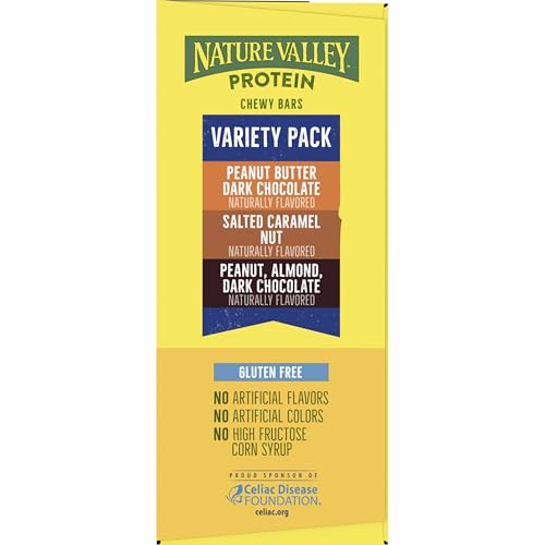 Nature Valley Protein Bars Variety Pack, Gluten Free Chewy Granola Snack Bars, 10g Protein, Peanut Butter Dark Chocolate, Salted Caramel Nut, Peanut Almond Dark Chocolate, 15 Count, 21.3 oz Box