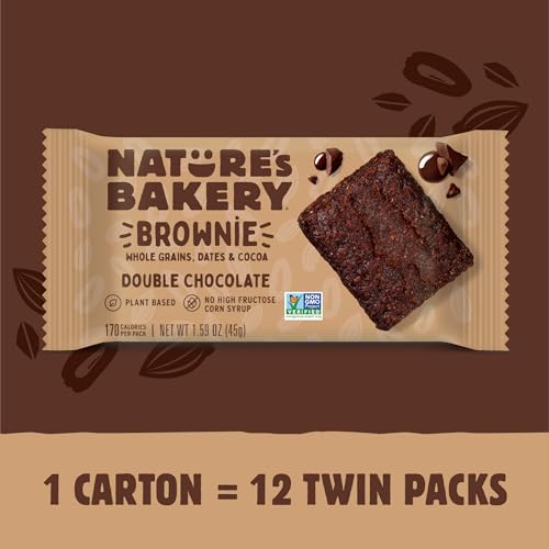 Nature’s Bakery Double Chocolate Brownie Bars, Whole Grains, Dates, and Cocoa, Plant Based, Dairy-Free, Snack Bar, Box of 12 twin packs
