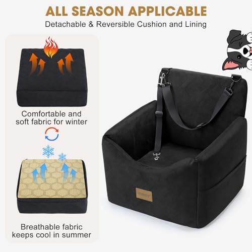 JOEJOY Dog Car Seats for Small Medium Dogs Under 35lbs, Dog Booster Seat with Detachable Washable Cover and Cushion, Memory Foam Pet Car Seat with Safety Belt and Storage Pockets (Black)