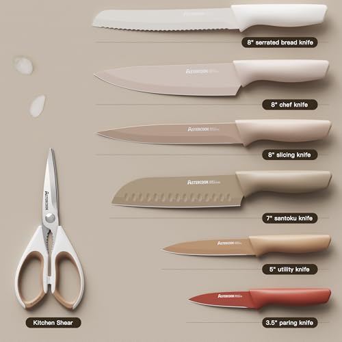 Astercook Knife Set, 13 Pieces Kitchen Knives Set with Healthy Anti-Rust Coating, Dishwasher Safe, Stainless Steel Chef Knife Sets with 6 Blade Guards, Perfect Mothers Day Gifts for Kitchen