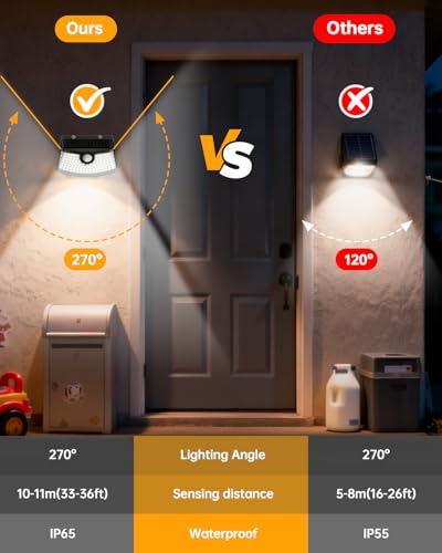 Aootek New Solar Motion Sensor Lights 120 LEDs with Lights Reflector,270° Wide Angle, IP65 Waterproof, Step Lights for Front Door, Yard, Garage, Deck (Black, Daylight White, 6-Pack)