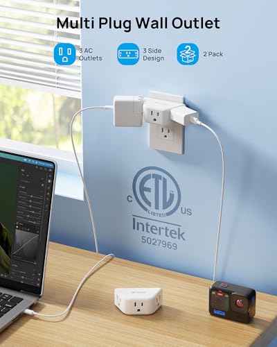 TROND Multi Plug Outlet Extender 2 Pack - Electrical Wall Splitter, 3 Way Angled Wall Outlet Adapter, Cruise Essentials, ETL Listed, Small Multiple Plug Expander for Bathroom Kitchen Office, White