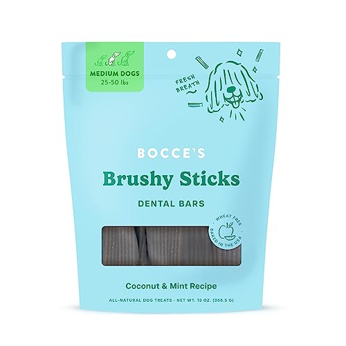 Bocce's Bakery Dailies Brushy Sticks to Support Oral Health & Fresh Breath, Wheat-Free Dental Bars for Dogs, Made with Real Ingredients, Baked in The USA, Natural Coconut & Mint, Medium Dogs
