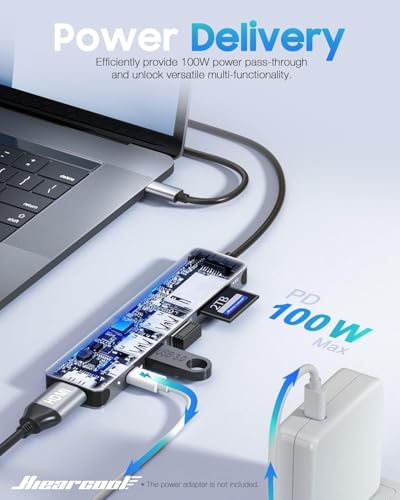 Hiearcool USB C Hub for MacBook – 7-in-1 USBC Adapter with 4K HDMI, 100W PD, USB 3.0 5Gbps Ports, SD/TF Card Reader – USB-C Dongle for Office, Meetings, Travel & Home Setup-Space Grey