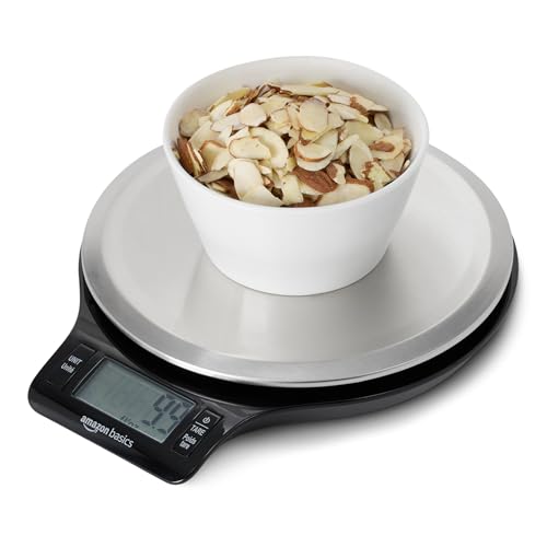Basics Digital Kitchen Scale with LCD Display, Tare Function, Multiple Units, Weighs up to 11 Pounds, Batteries Included, Black and Stainless Steel