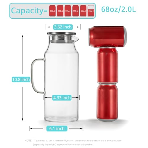 Bivvclaz 2 Liter 68 oz Glass Pitcher with Lid and Handle, Glass Carafe for Hot/Cold Water, Large Iced Tea Pitcher for Coffee, Juice and Homemade Beverage