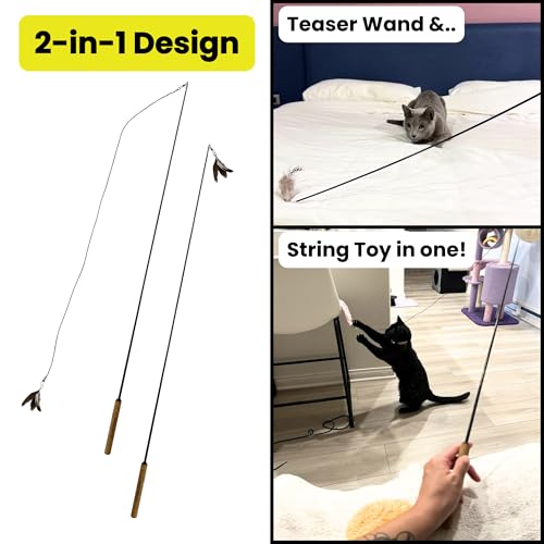 Forever Stick - The Unbreakable Cat Wand Toy, Durable Cat Toy Wand, Extra Long Cat String Toy, Cat Fishing Pole Toy for Bored Indoor Adult Cats, Cat Stick Toy, Cat Feather Wand, Cat Teaser Wand