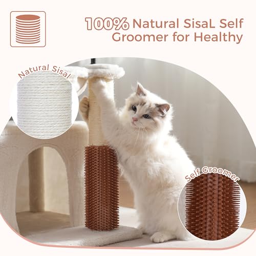 Cat Tree 32 Inches Small Cat Tree for Large Cats Adult Cat Tower with Scratching Post,15.7”Large Hammock and Self Groomer, and Removable Top Perch and Wide Condo for Indoor Cats-Beige