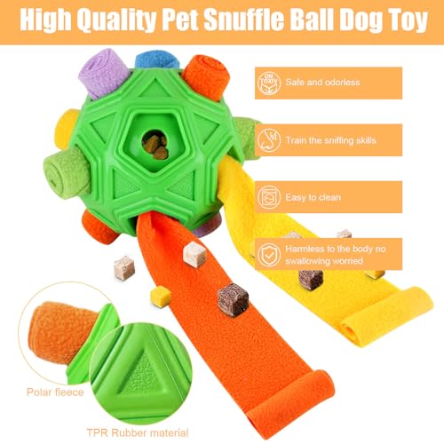 Dog Snuffle Ball-Interactive Puzzle Dog Toys Encourage Natural Foraging Skills Slow Feeder for Training and Stress Relief, Cloth Strip Hiding Food Chew Toys with Squeaky Carrot Toy for Any Size