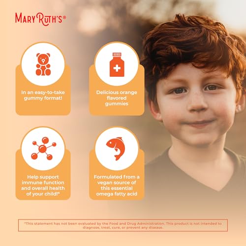 MARYRUTH'S Vegan Omega 3 Gummies for Kids 2+, 2 Month Supply, Sugar Free, Omega 3 Supplement with Vitamin C, Flaxseed Oil, Immune Support, Essential Nutrient ALA, No Fish Taste, 60 Count