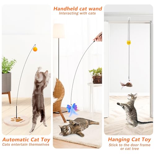 JXFUKAL Interactive cat Toy, Automatic Cat Wand Toy with Stable Wooden Base, 2 PCS Detachable Cat Teaser, 5PCS Refills Replacement & Hanging Elastic String, Kitty Kitten Toys Feather Spring Bird Toy